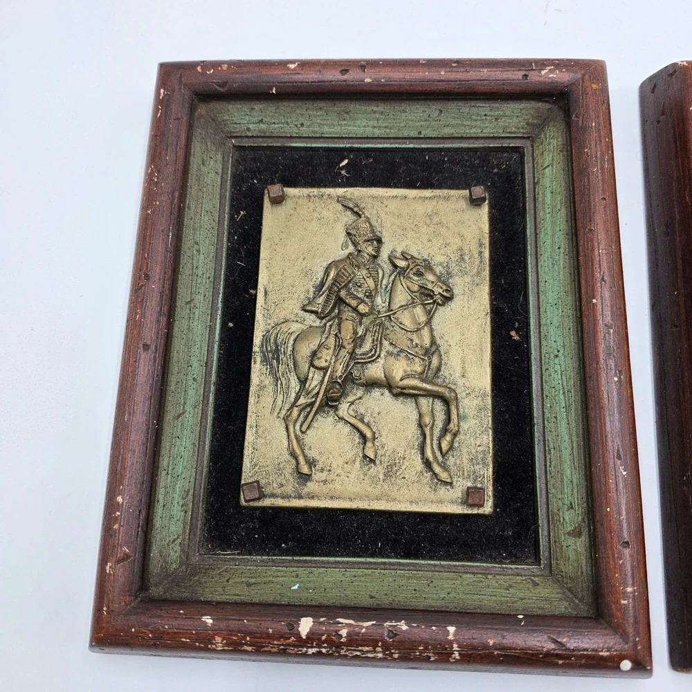Vintage B&S Creations Brass Relief Cavalry Horseback Soldier Wall Art Pair 4686